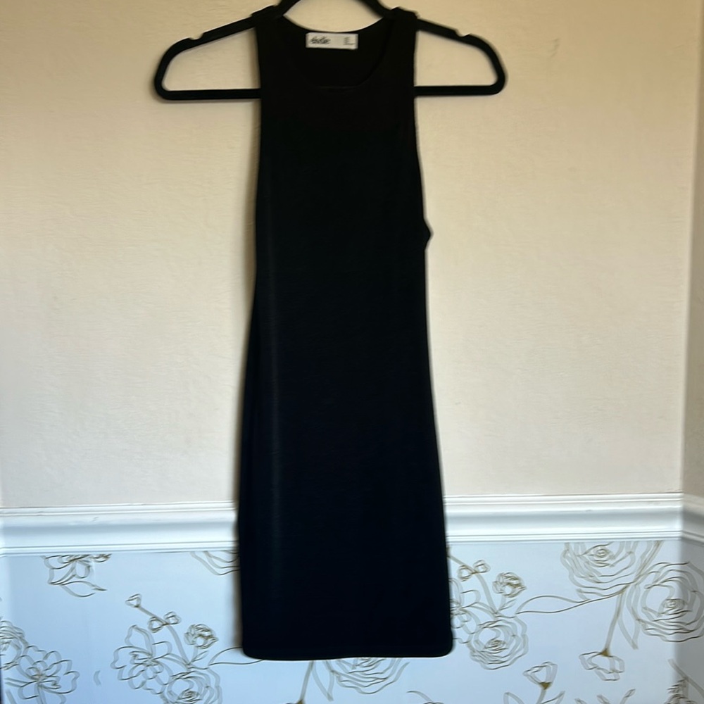 Elodie Nordstrom black dress high neckline flattering body con shimmer stretch S
